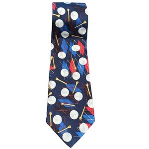 Viaggio Mens Vintage Silk Tie Golf Ball Tee Navy Blue Red Novelty Sport Print